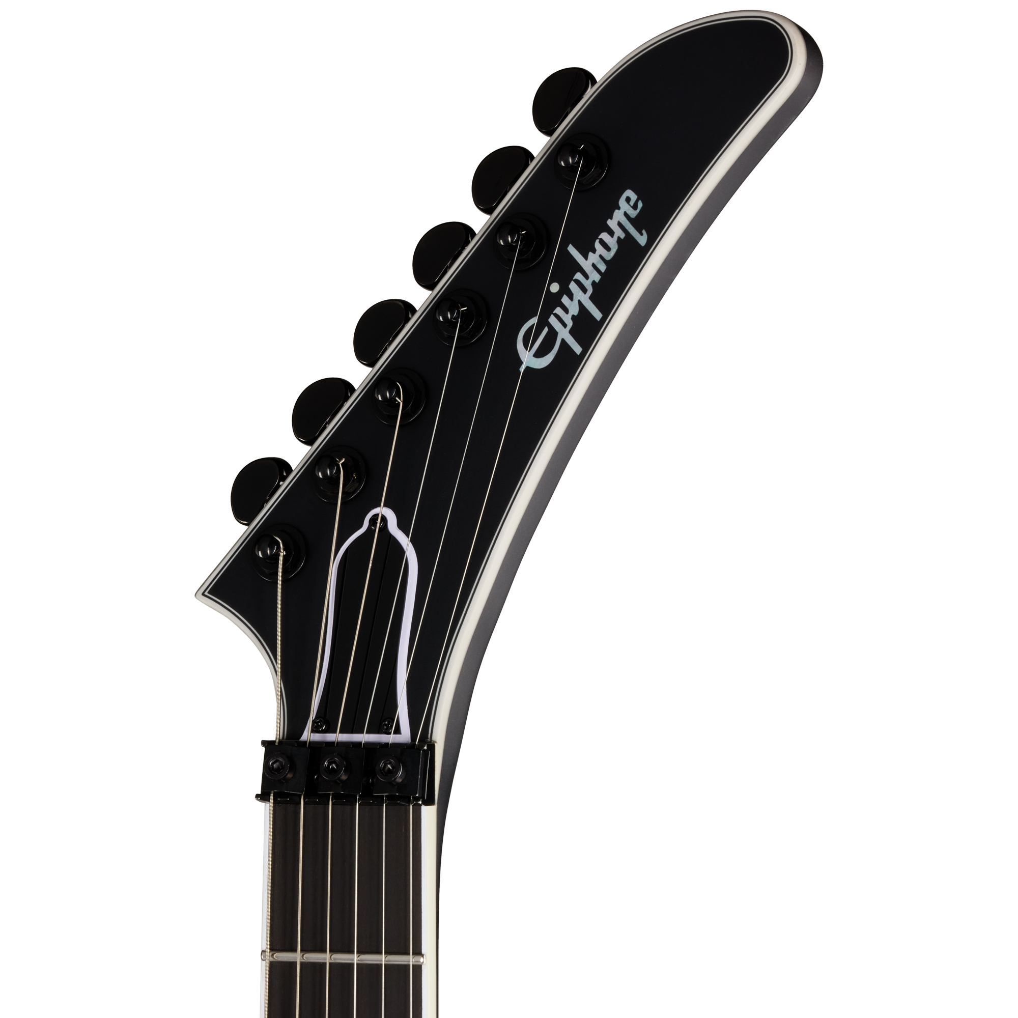 E-Gitarrenhals, schwarzer Kopf, sechs Saiten, Stimmmechaniken, E-Gitarrenlogo